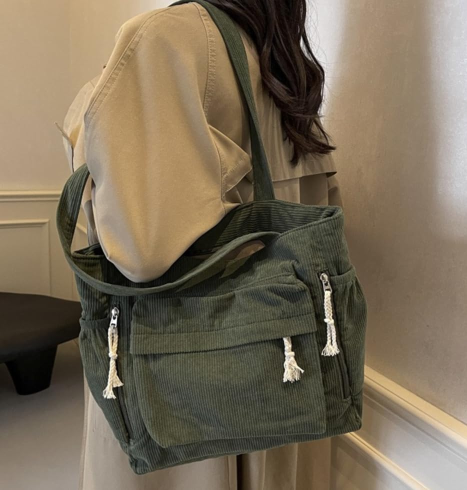 Bolso tote premium de pana para mujer, bolso cruzado grande con cierre de cremallera, elegante bolso de hombro y de mano para trabajo, viaje y outfits casuales, 15,7 x 11,8 x 5,1 pulgadas, verde miniatura 4