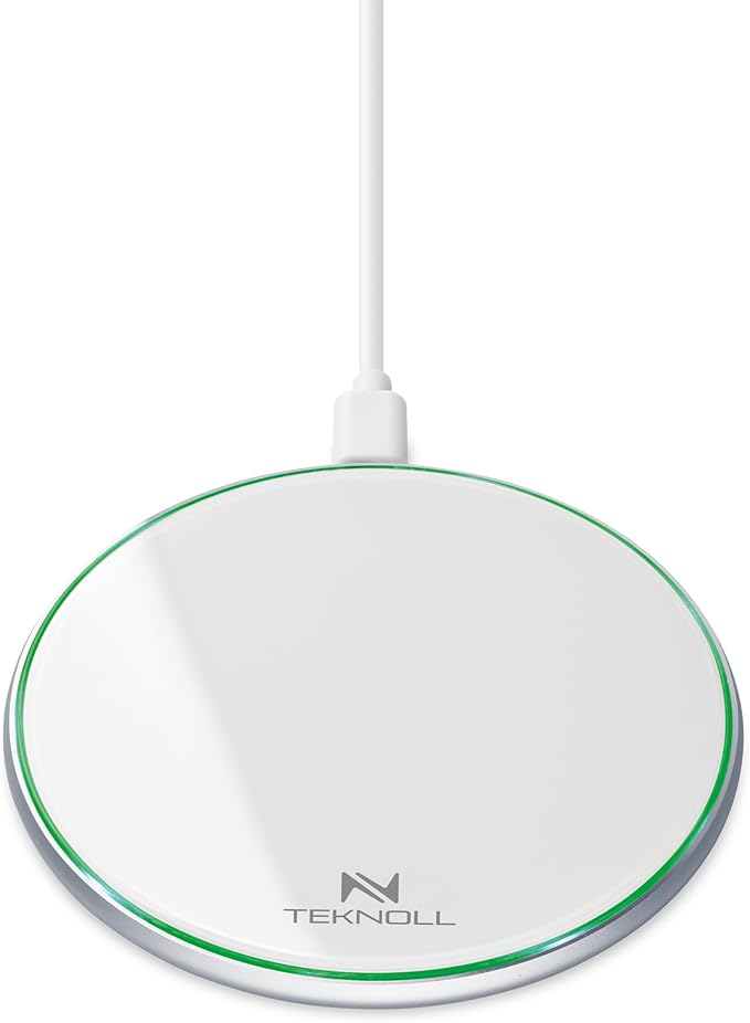 Teknoll - Cargador Inalámbrico 15W, Base de Carga Rápida con Indicador LED Circular, Cable USB-C de 160cm Incluido, Compatible con Smartphones Inalámbricos, Diseño Ultrafino y Seguro