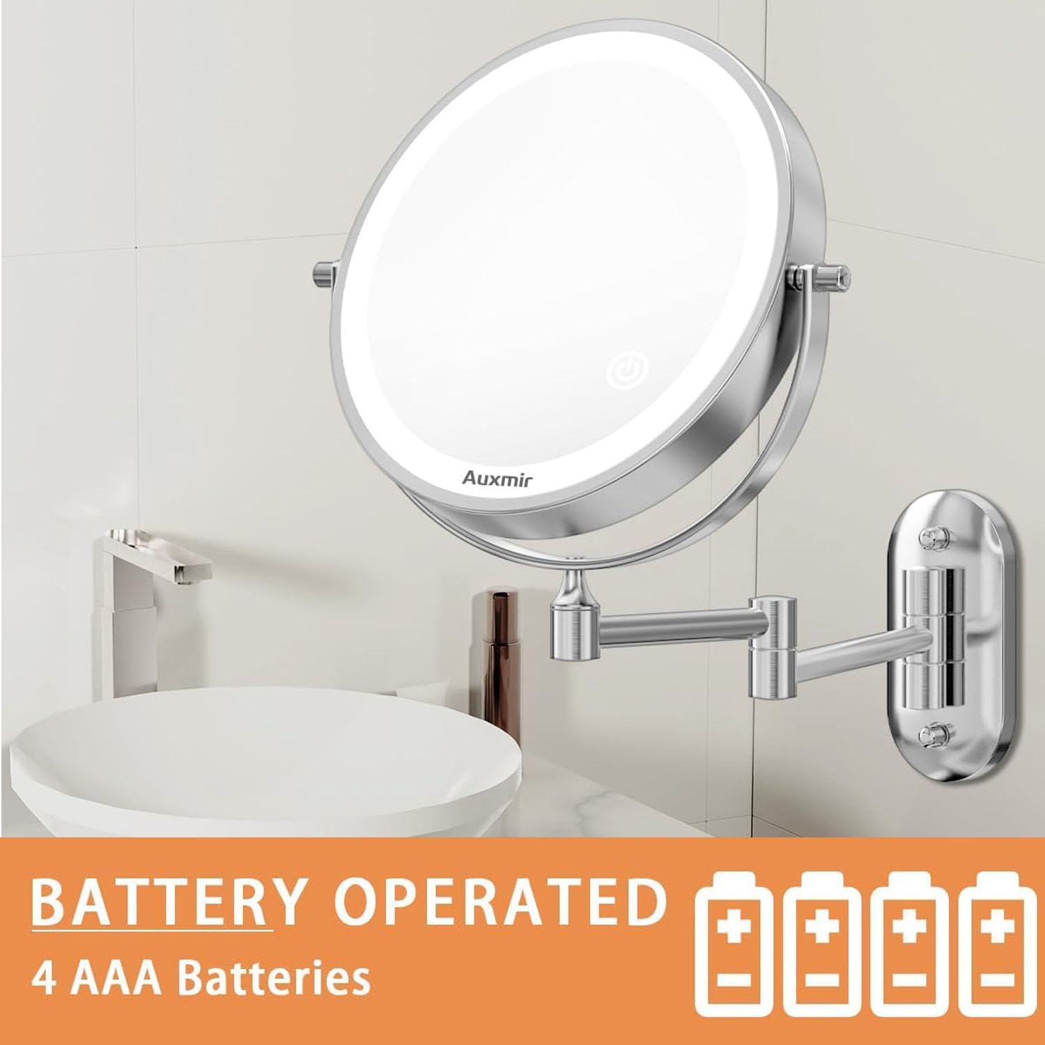 Auxmir Specchio ingranditore luminoso da parete specchio trucco con braccio estensibile, ingrandimento x5/x1, 3 modalità di illuminazione, girevole a 360°, alimentato da 4 batterie AAA (incluse)