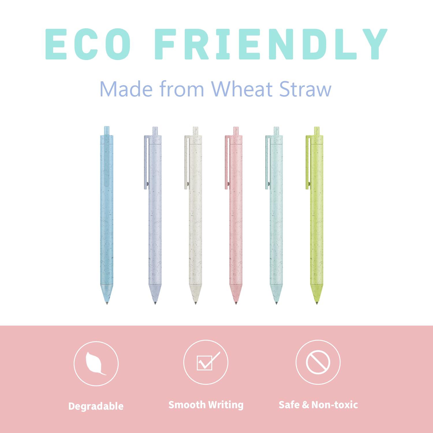 BallPoint Pens Eco-Friendly Wheat Straw Cute Macaron Retractable Ballpoint Pen Set - 6 Pack Black Ink Medium Point — view 2