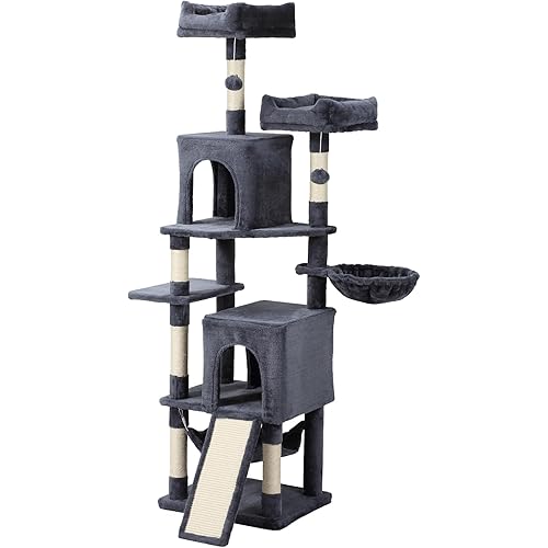 Cat Tree, 70-Inch Cat Tree Tower with Hammock, Scratching Post, Condo and Multi-Level Cat Tower, Large Cat Activity Center Playhouse, Dark Gray LCT015