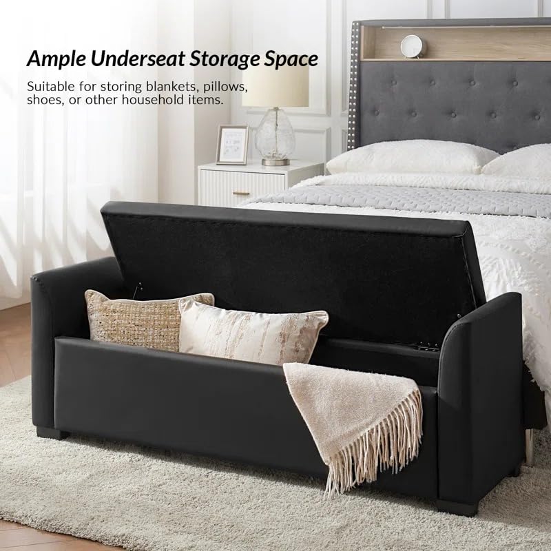 Image of Leather Upholstered Storage Ottoman Bench with Arms for Bedroom & Living Room | 3 Seater End of Bed Bench with Hidden Storage | Tufted Sofa Bench with Armrest, Entryway Seating Bench, Black