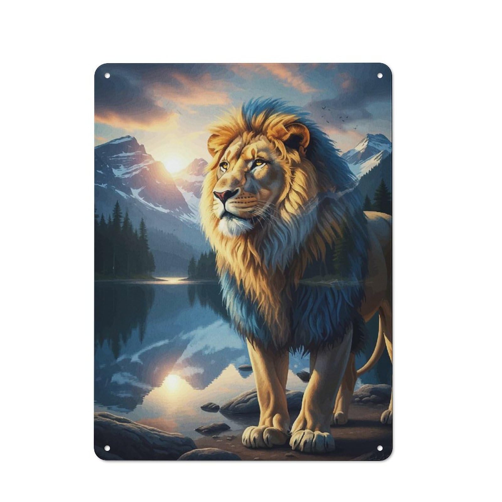 Retro Metal Sign 40x30cm Featuring Lion Mountain Landscape Sunset, Home Bar Decor for Pub, Home Bar, Shed Or Man Cave