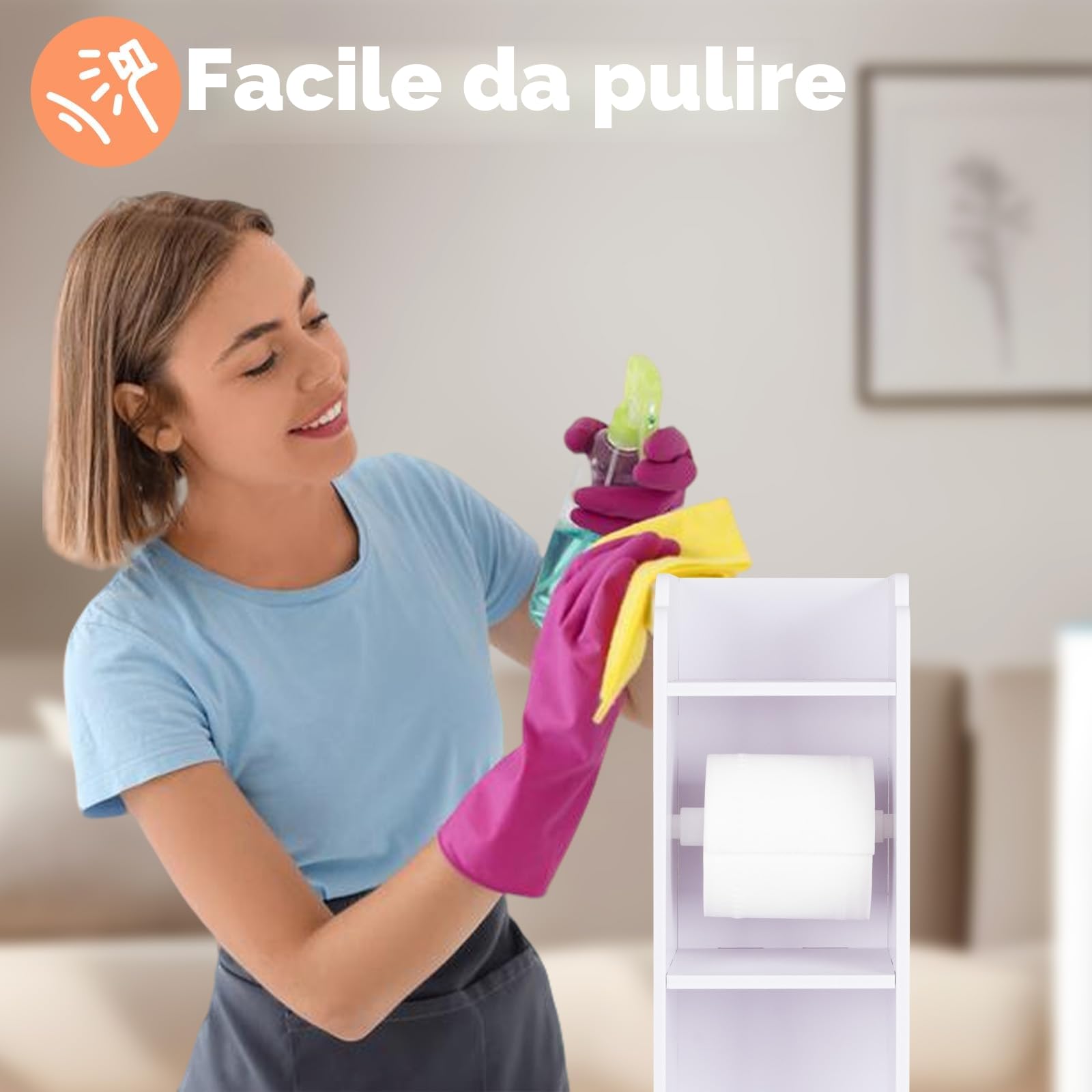 powerking Porta carta igienica, piccolo armadietto da bagno con ante e ripiani, sottile multistrato per bagno, piccoli spazi, pavimento angolare, bianco