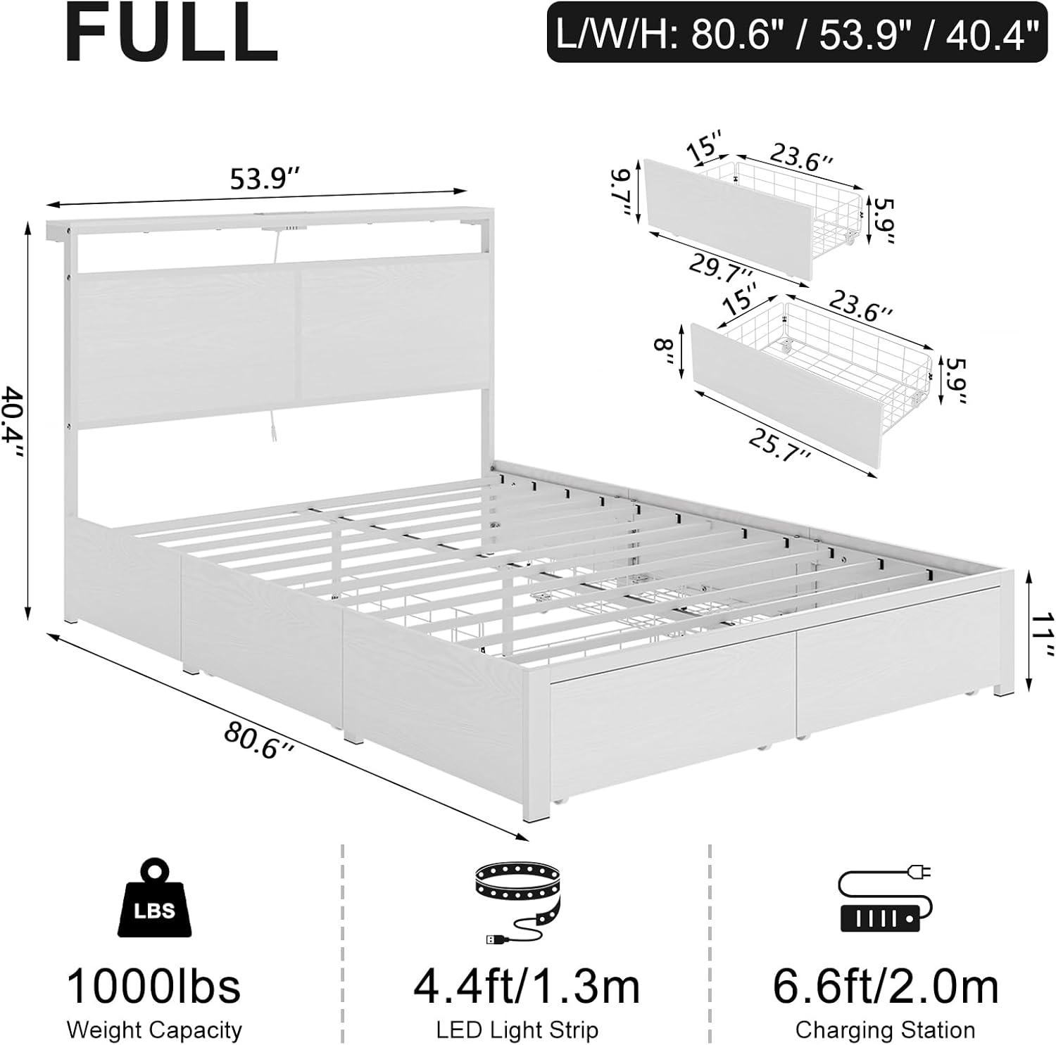 HAUSOURCE Full Bed Frame with 4 Storage Drawers Bed Frame Full Size with Headboard LED Lights Charging Station Metal Slats Platform Heavy-Duty Support No Box Spring Needed White - Image 2