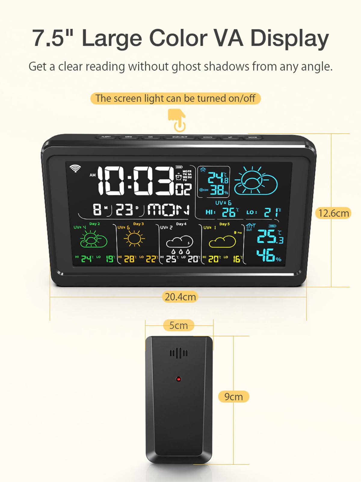 Tuya WiFi Smart Weather Station z pilotem SmartLife APP i czujnikami, miernikiem temperatury i wilgotności wewnątrz i na zewnątrz, budzikiem z funkcją drzemki/prognozą pogody, czar