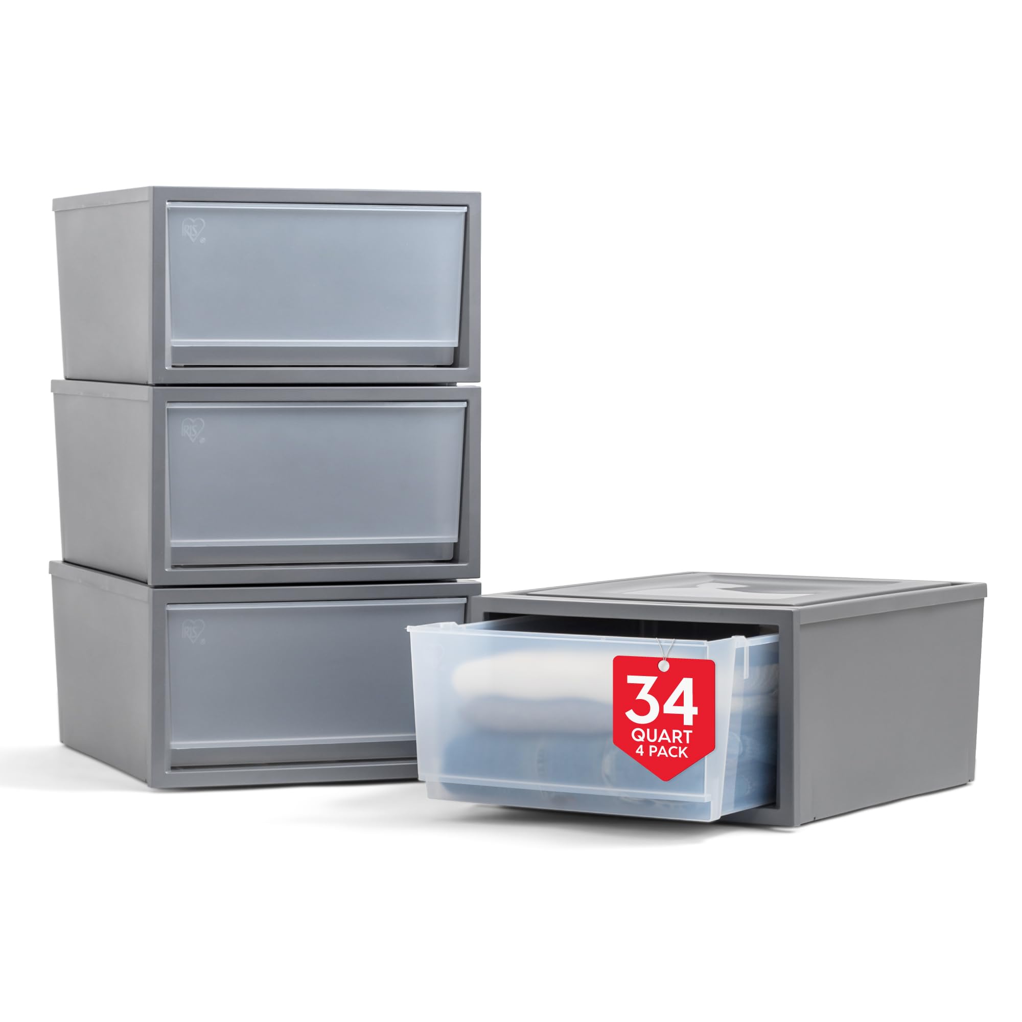 IRIS USA 34 Qt. Stackable Plastic Drawers for Clothes, Medium, 4 Pack, Storage Dresser for Closet, Home, Office, Bedroom and Nursery, Dark Gray