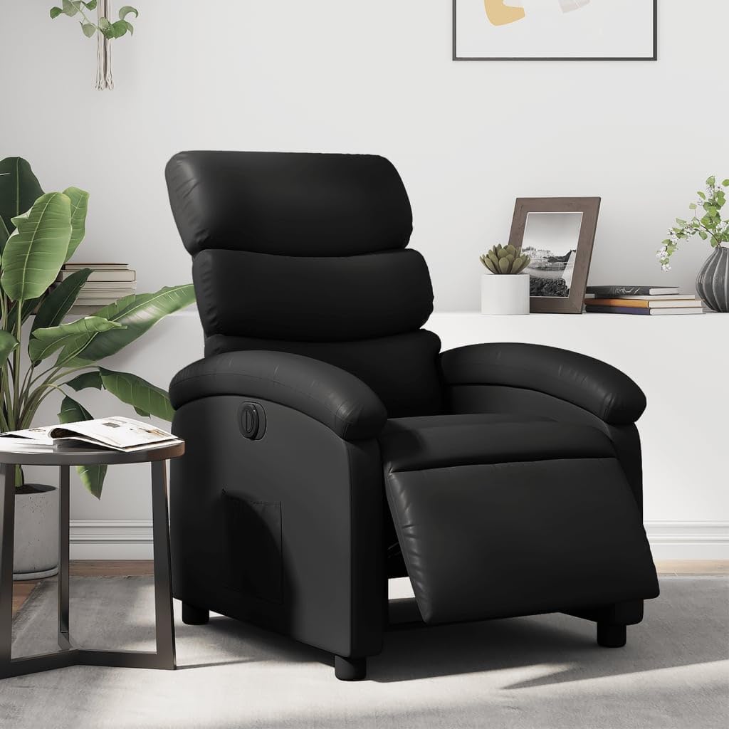 Fotel relaksacyjny, elektryczny, czarny, sztuczna skóra, z funkcją leżenia, regulowane oparcie i podnóżek, stabilna rama drewniana, ergonomiczny fotel telewizyjny do salonu i kącika do