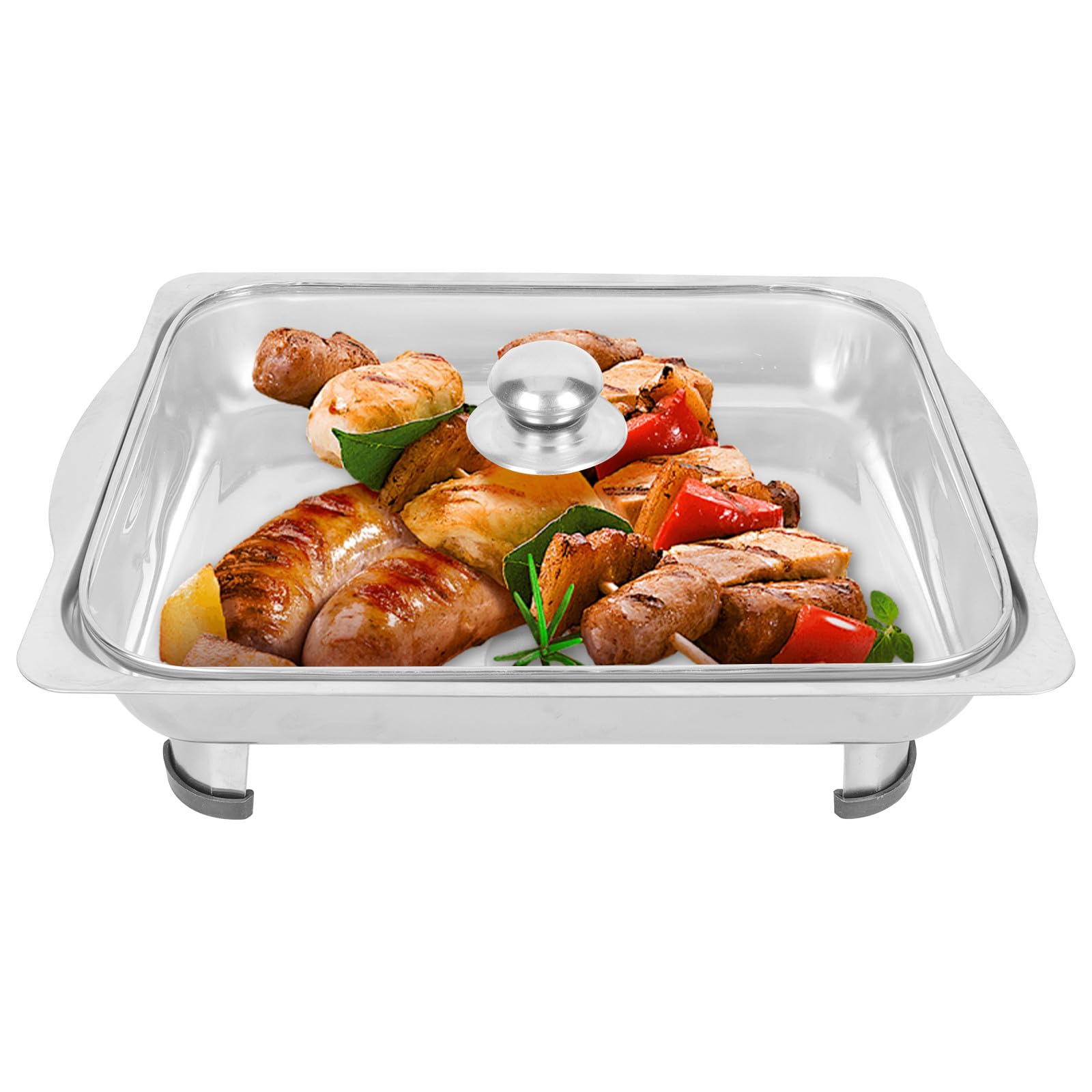 Bandeja de acero inoxidable con patas extraíbles, plato rectangular para buffet con tapa, bandeja de catering brillante para aperitivos, fiestas y eventos