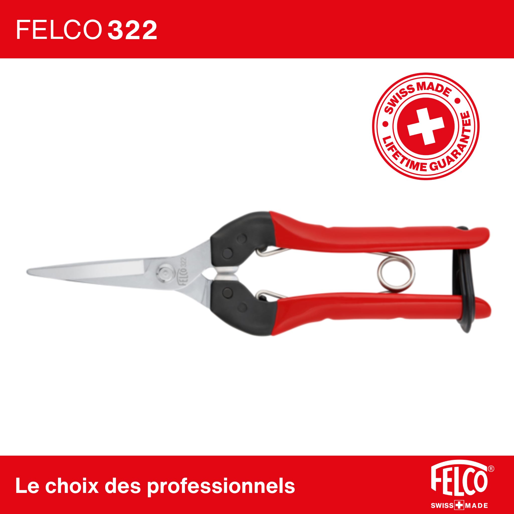 FELCO 322 épinette longue portée, lame chromée 46 mm, coupe 10 mm, poignées acier ergonomiques, amortisseurs polyuréthane, outil précis et léger 190 mm, pour jardinier, fleuriste, viticulteur