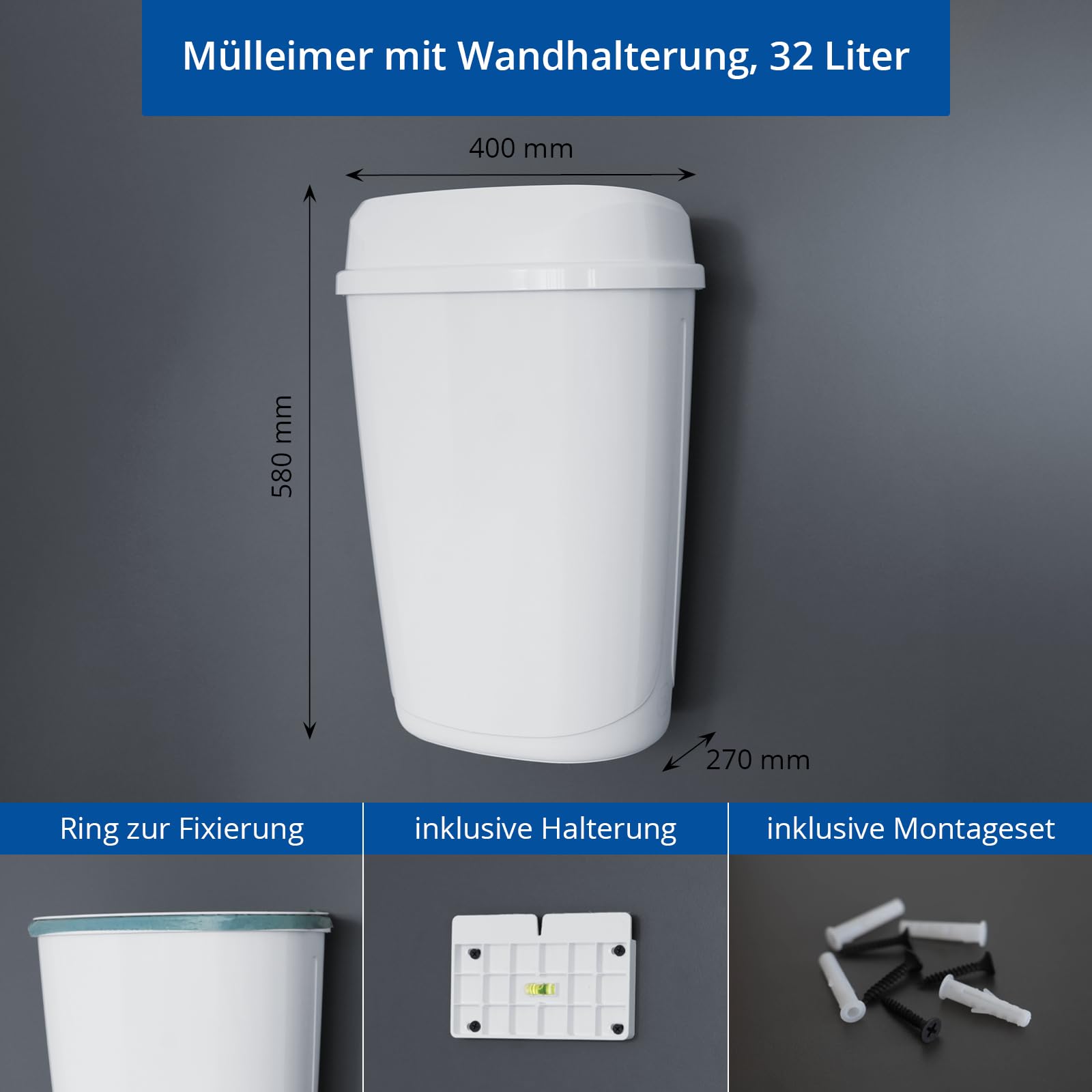 Hypafol Mülleimer 32L Weiß glänzend – Abfallbehälter mit Müllbeutelring – Wandmontage & Standmodell – Hochwertiger Kunststoff