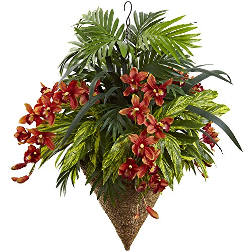 Nearly Natural Mixed Tropical & Cymbidium Hanging Basket