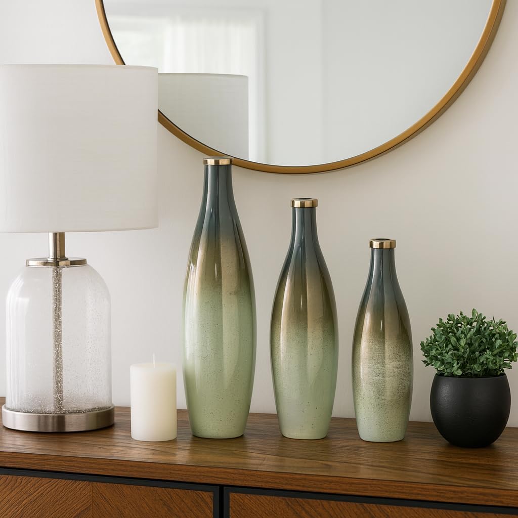 Tall Glass Vase Bottles for Home and Living Room Decor - Decorative House Accent for Dining Room, Bedroom, or Office - Contemporary Flower Vase for Table Decor - Set of 3, 21", 18", 16", Green