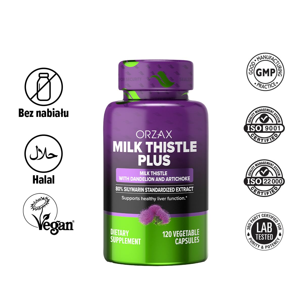 ORZAX Milk Thistle 250 mg - Herbal Supplement with 80% Silymarin Supplement, Dandelion, Artichoke Extract - Supports Liver Health - Halal and Dairy-Free - 120 Vegetable Capsules