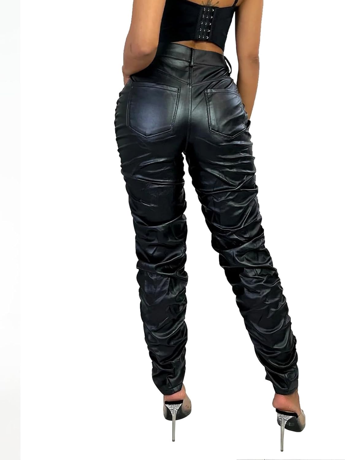 hibshaby Stretchy Faux Leather High Waist Pants for Women, Stacked Leggings Trendy High Waist Trousers Black - Image 3