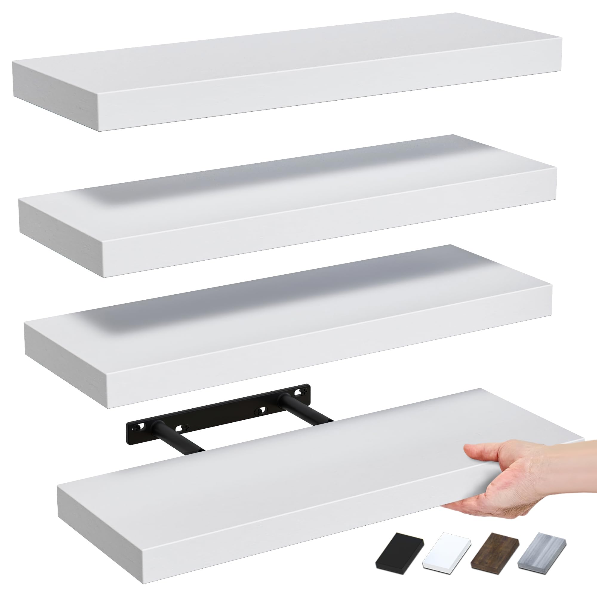 RICHER HOUSE 40cm Floating Shelves for Wall, 4 Sets Wall Mounted Shelves, Display Shelves for Wall Decor, Shelf for Bathroom, Kitchen, Living Room – White