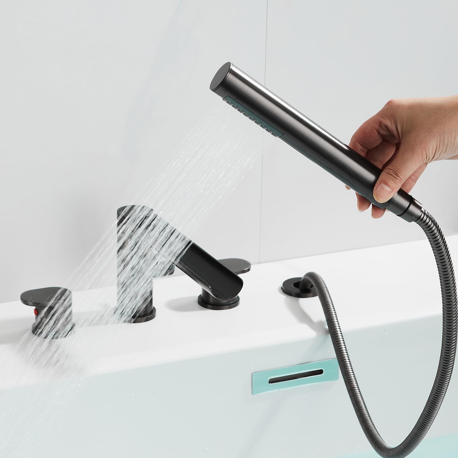 XJTNLB Grifo Bañera y Ducha Cascada Blanco 4 Agujeros Grifo de Ducha Bimando para Borde de Bañera