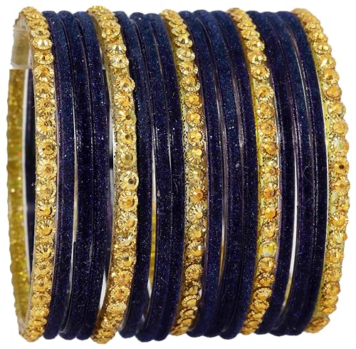 Image of NMII Premium Glass & Golden Beads Velvet Bangle Set For Women and Girls | Velvet Chudi | Traditional Chudi Set | Designer Girl's Bangles Bracelet | Wedding, Party, Festive, Daily- Set of 34