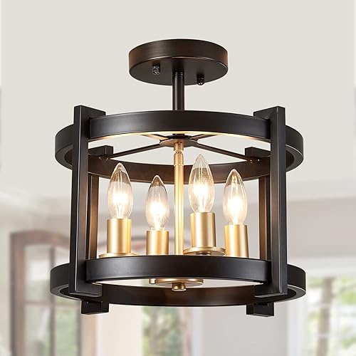 Miniatura 10 de Lámpara de techo retro semiempotrada de 4 luces, ORB+blanco roble, lámpara de techo rústica vintage antigua para pasillo, cocina, comedor,