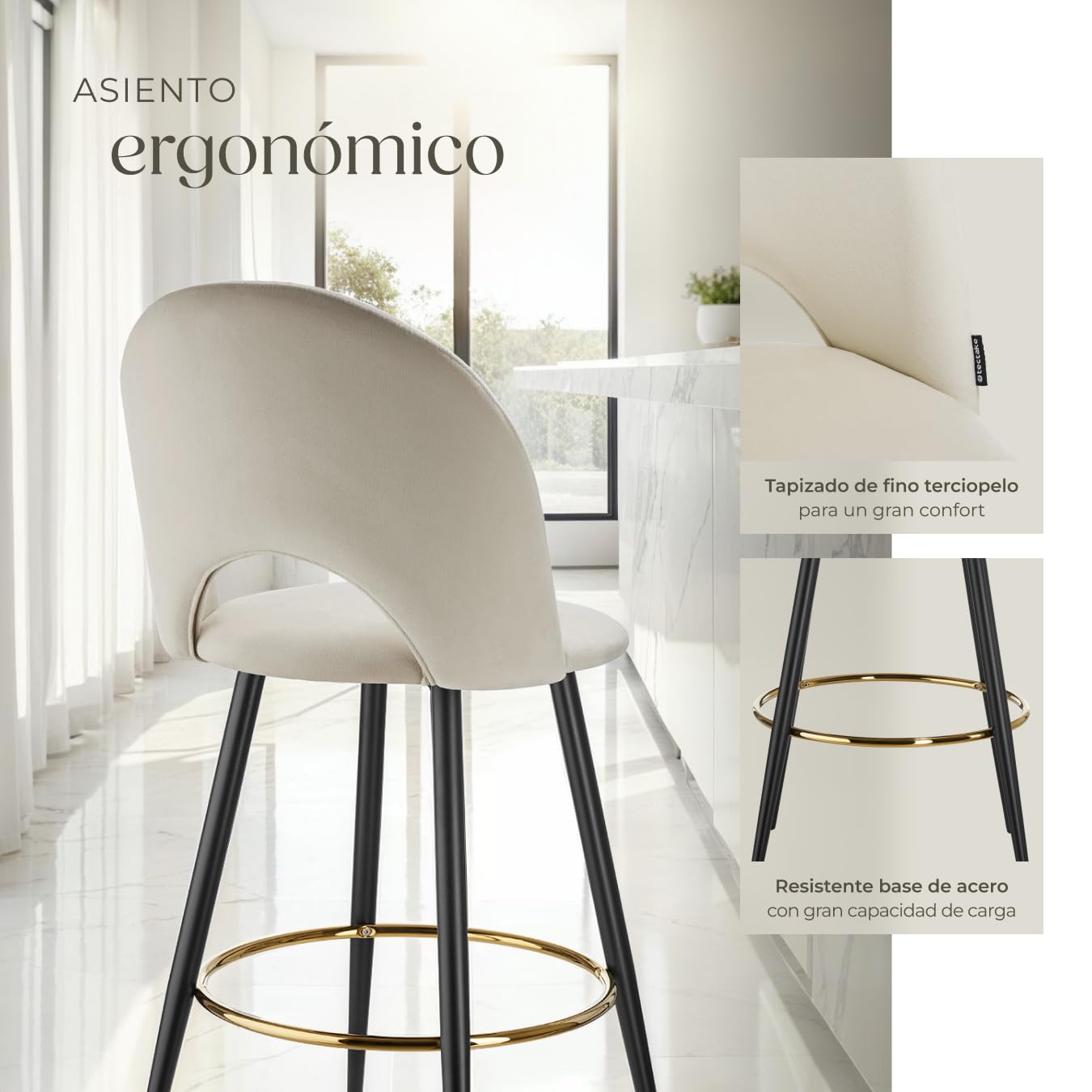 tectake® Taburete Alto Cocina con Respaldo, Acolchado, Terciopelo Suave, Taburete Bar con Patas de Acero, Reposapiés y Pies Antideslizantes, Silla Cocina o Bar, Banqueta - 2 sillas, Crema/Negro