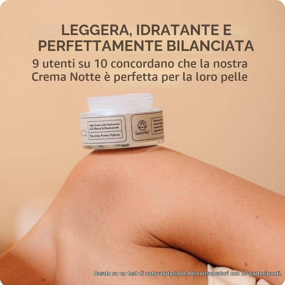 Suntribe Crema da notte biologica con acido ialuronico, retinolo e niacinamide, 50 ml, effetto anti-invecchiamento, 100% naturale, idratante, con olio di argan e aloe vera, non grassa, senza profumi,