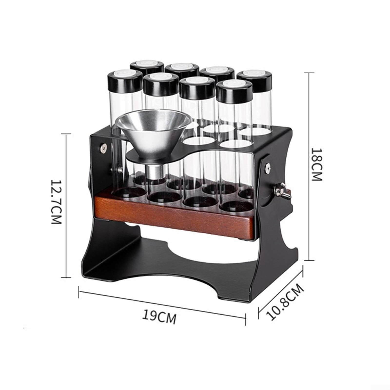 Kaffeebohnen Aufbewahrungsstnder Mit 8 Glasrhren, Einweg-Auslassventil Für Frische, Massivholz-Basis, Inkl. für trichter, Luftdichtes Organizer-Display Für Küche Und Bar, Schwarz