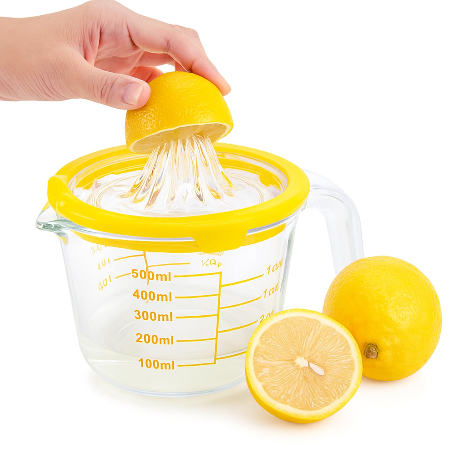 Cartman Spremiagrumi per limoni e arance, spremiagrumi manuale giallo, alesatore per agrumi in vetro, spremiagrumi manuale, strumento da cucina, tazza di misurazione per oncia