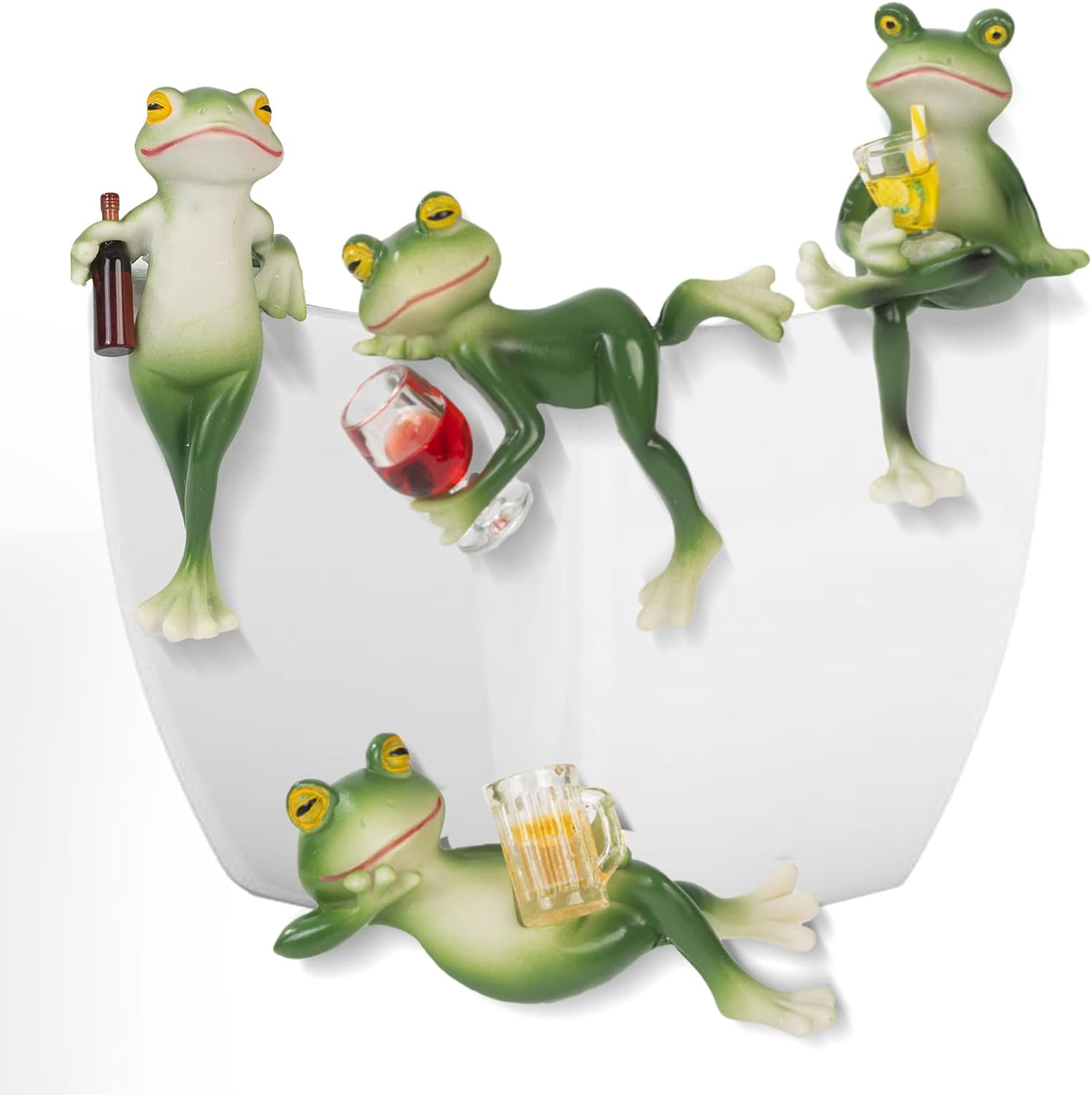 4-Pack Tipsy Frog Statues, Resin Plant Pot Hangers | Four playful green frog poses made of high-density resin for planters, balconies, gardens, desks, and windowsills.
