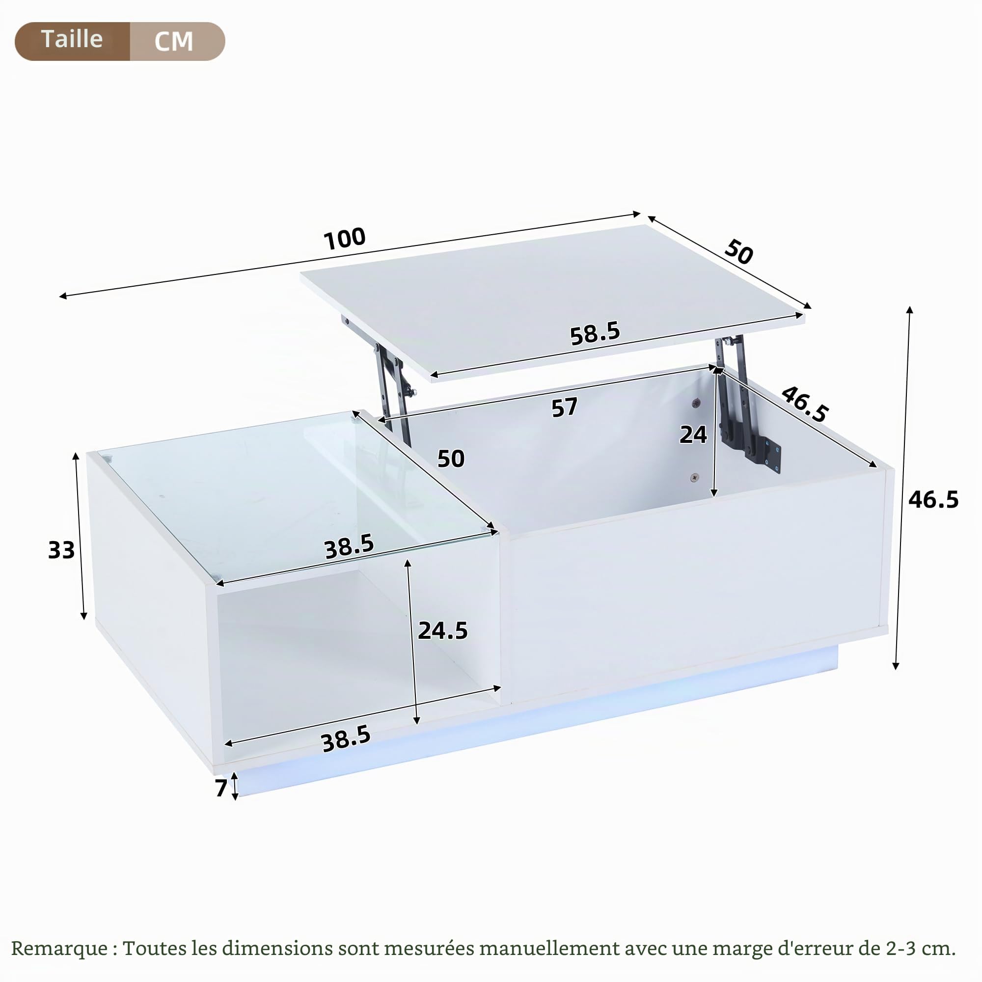 Merax Table basse de salon avec plateau réglable en hauteur, moderne table basse extensible avec LED, table de salon avec espace caché et vitrine en verre, table basse pour salon, bureau