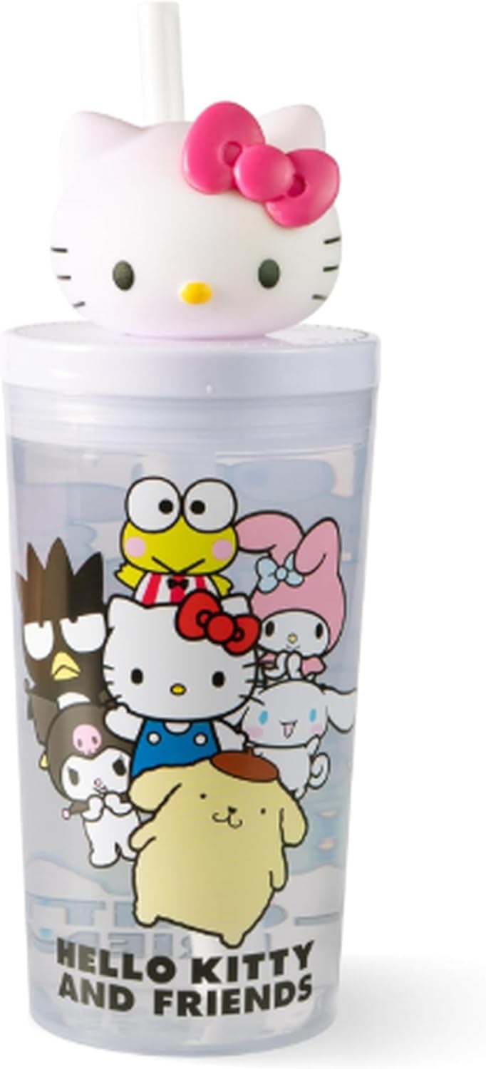 Hello Kitty Straw Cup Children 425 ml with Lid - BPA Free and Carbonated - Large Drinking Cup for Cold Drinks - Children's Cup for School, Nursery, Sports and Trips