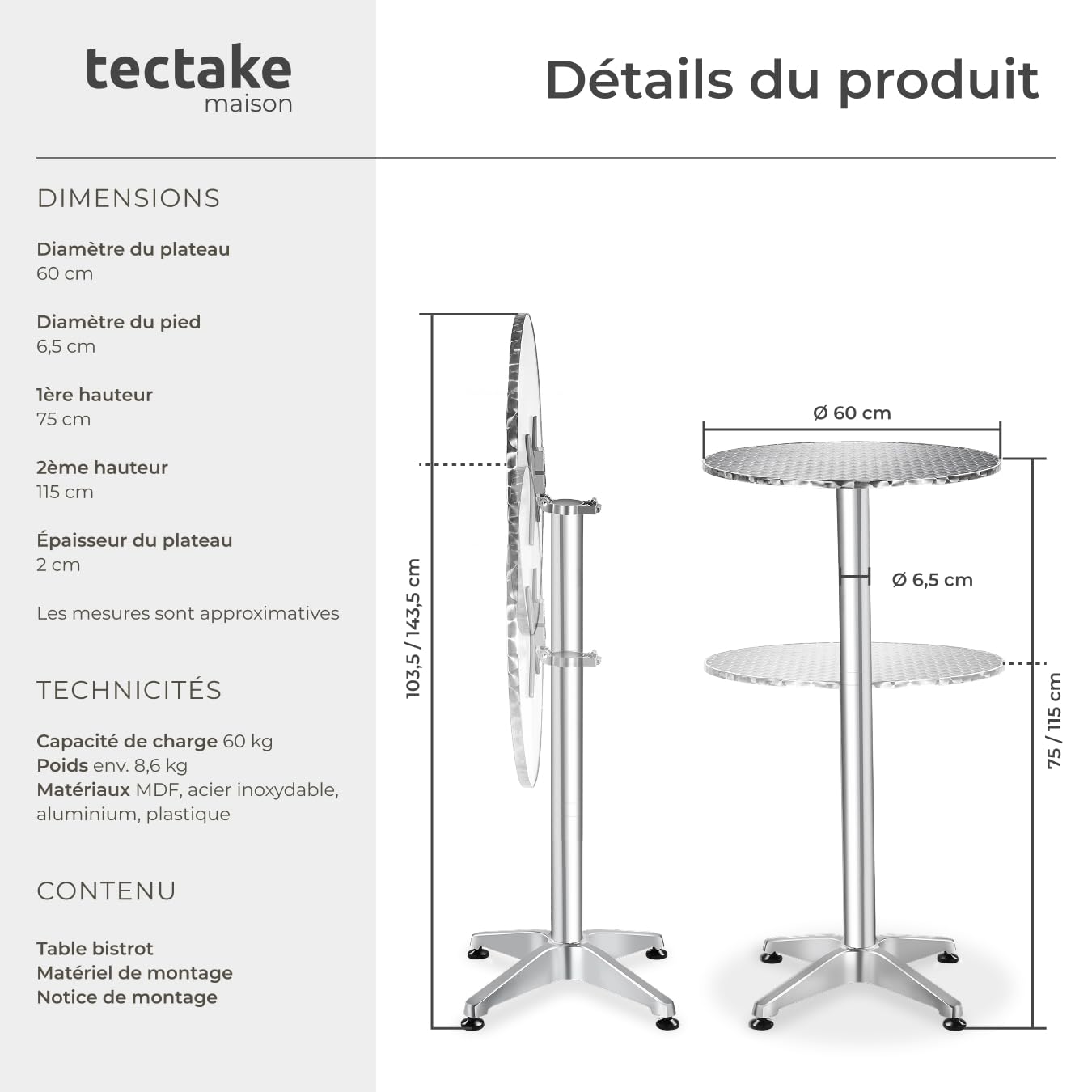 tectake® Table Haute Mange Debout Table Bistrot Table de Bar Ronde Pliable Aluminium Hauteur réglable 75 ou 115 cm Ø 60cm Meuble Exterieur pour Reception Mariage Anniversaire Fête de Jardin