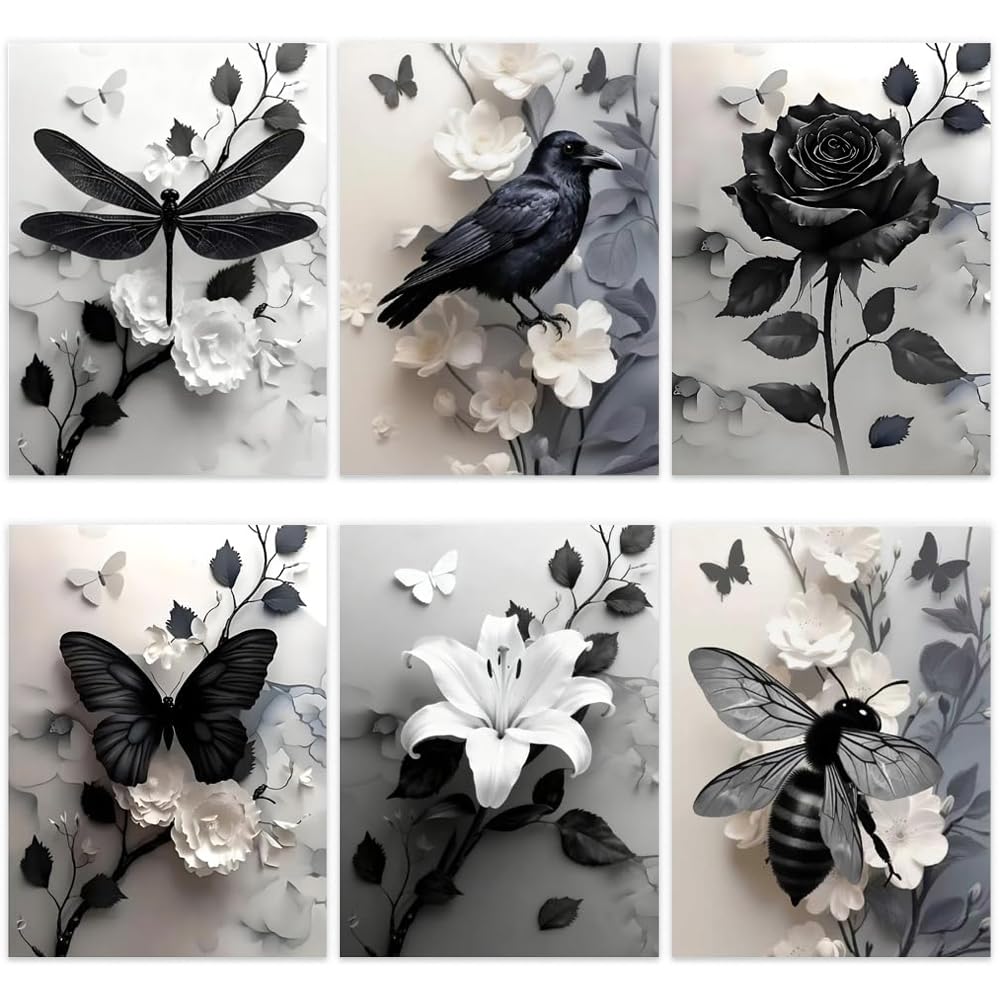 KMFASVX 6PCS Gothic Floral Insect Paint by Numbers for Adults, 20x30cm Acrylic DIY Canvas Art, Dark Botanical Wall Decor, Beginner Friendly Relaxing Craft & Gift