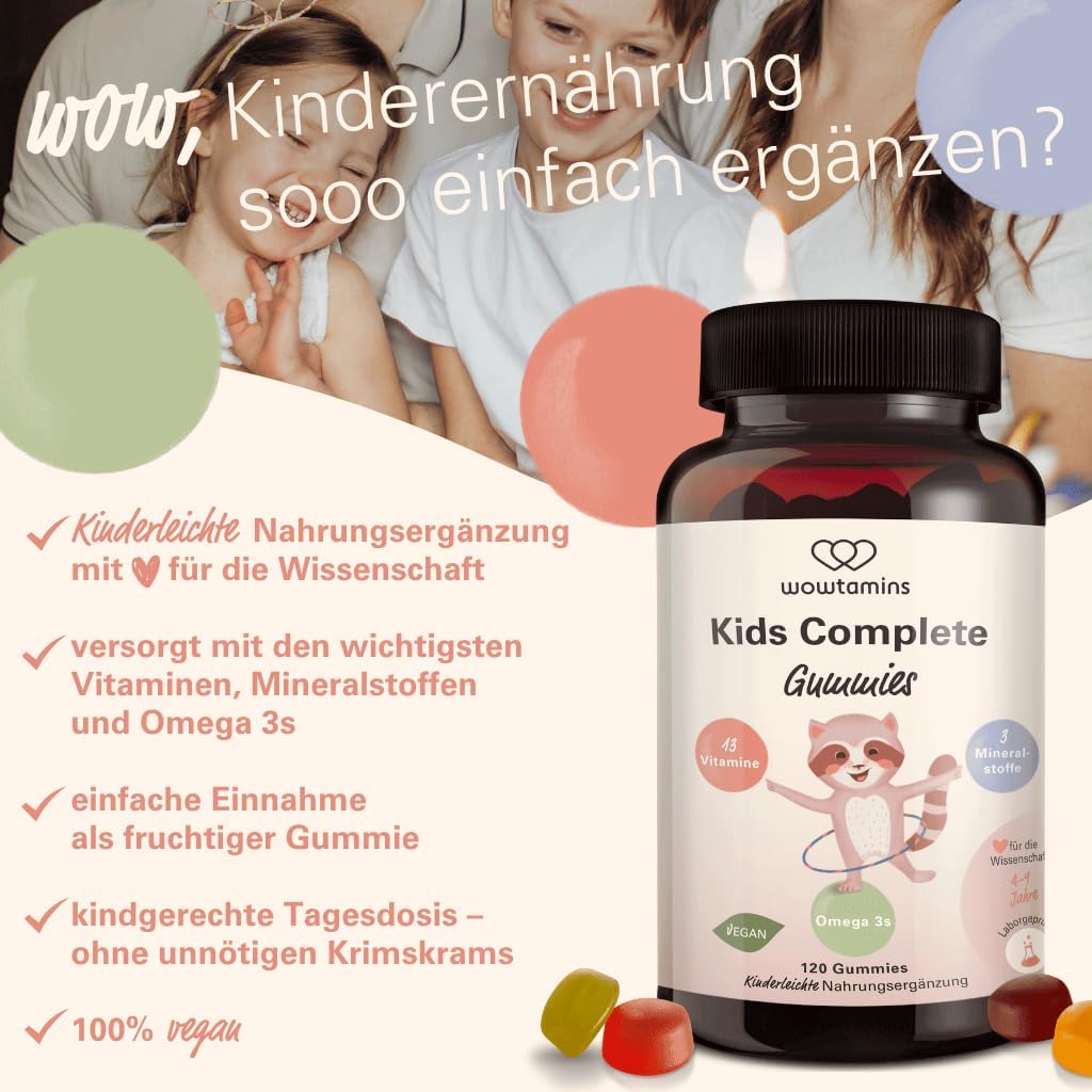 wowtamins Kids Complete - Vegane Multivitamin Gummies mit Omega 3 (30-Tage-Vorrat) - Vitamine für Kinder - Nahrungsergänzungsmittel für das Immunsystem mit Vitamin C, D3, B12, Zink & mehr