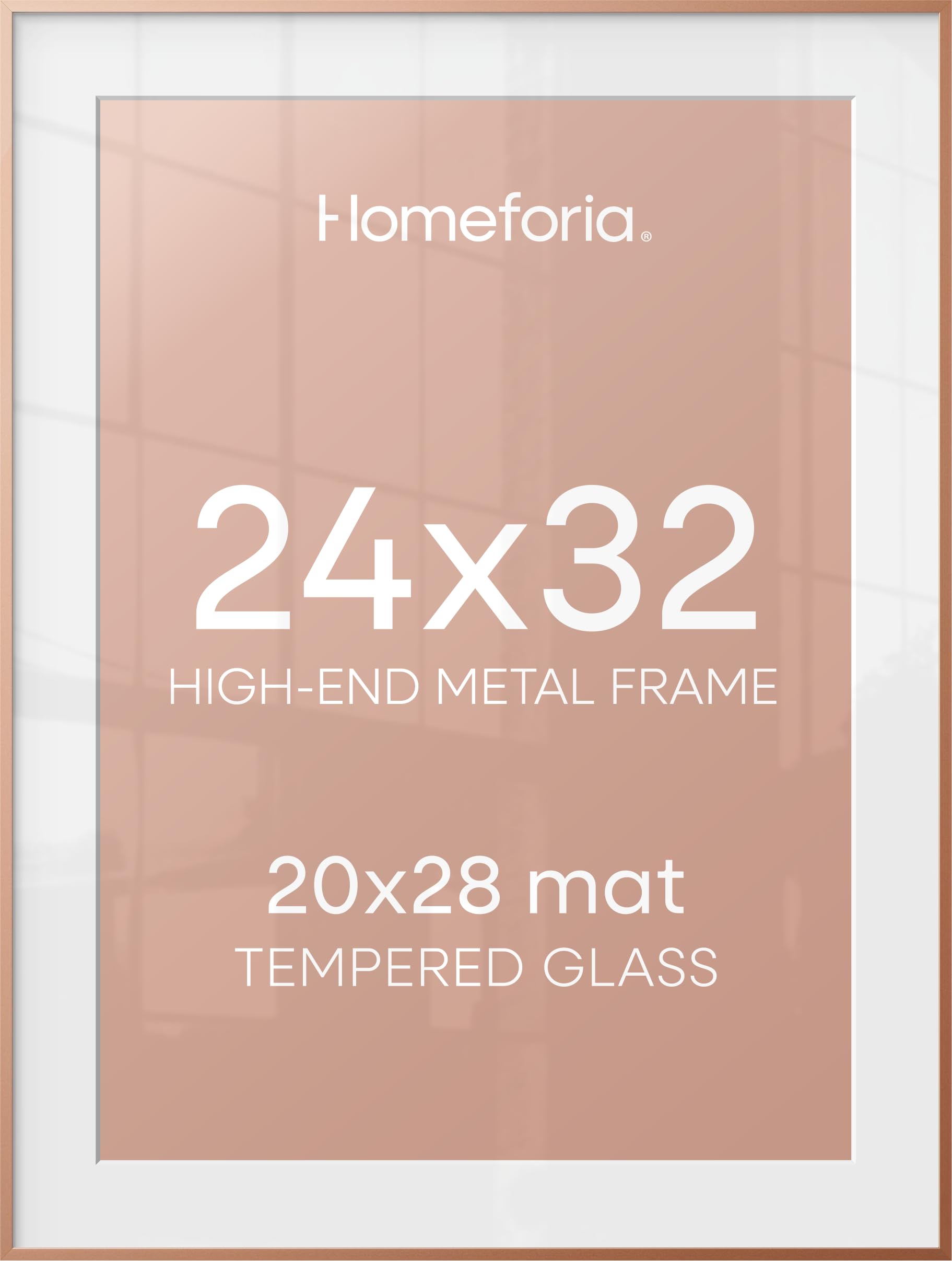 Homeforia 24x32 Rose Gold Picture Frame, High End Metal 24x32 Poster Frames with Mat 20x28 inch Photo, 24 x 32 Thin Frame Matted to 20 x 28 Print, 32x24 Large Frame, Tempered Glass, Wall Kit, Set of 1