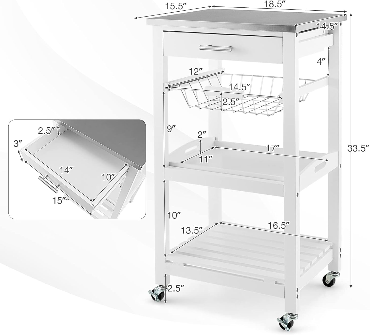PETSITE Rolling Small Kitchen Island Cart, 4-Tier Storage Utility Serving Cart with Stainless Steel Tabletop, Butcher Block Cart on Wheels, White