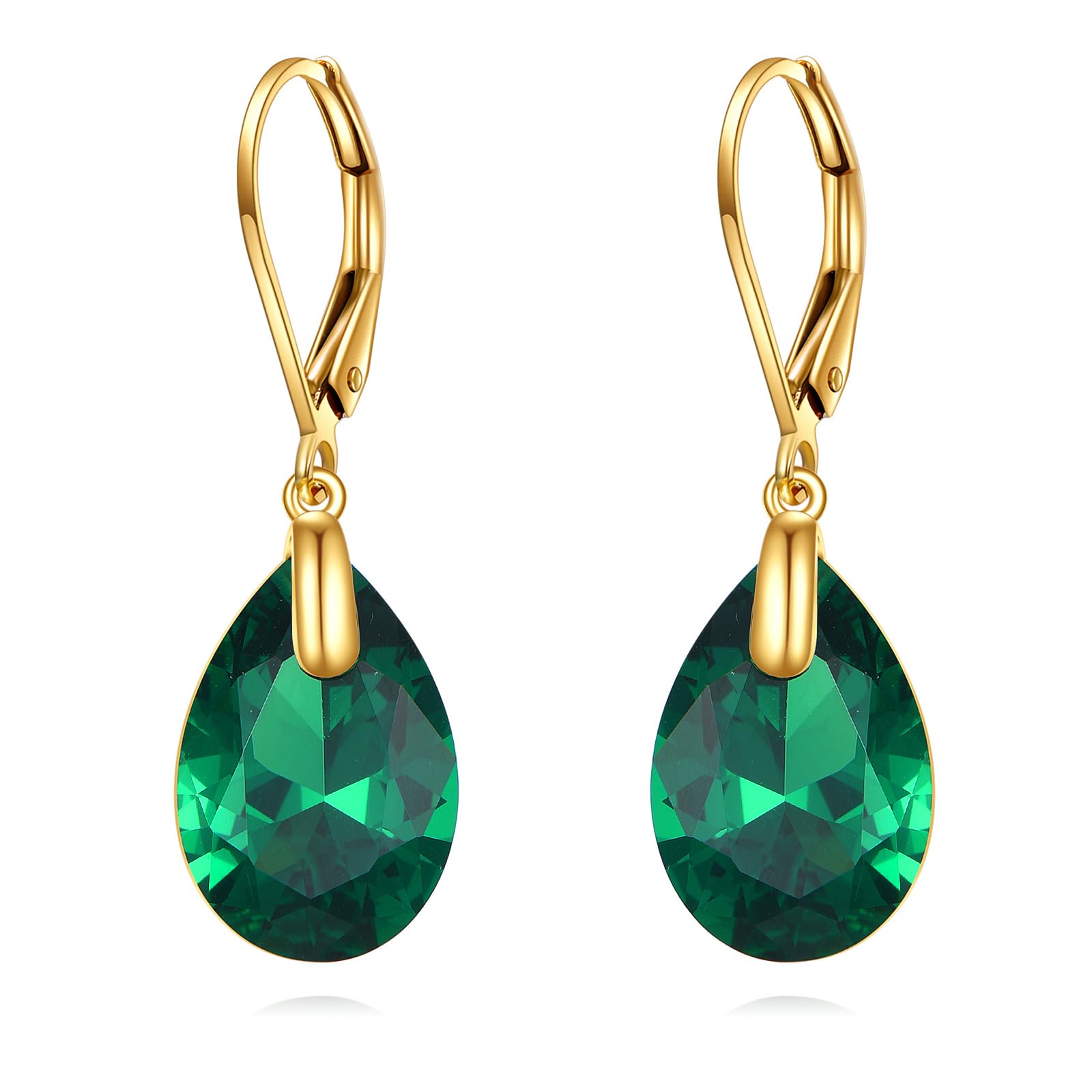 14K Gold Emerald Dangle Earrings for Women Green Leverback Earrings Birthstone Jewelry for Women Mothers Valentines Birthday Gifts
