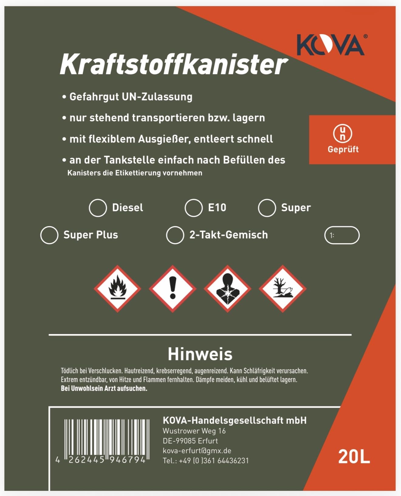 6x Benzinkanister 20L OLIVGRÜN Kunststoff Dieselkanister Reservekanister Kraftstoffkanister 20 Liter Kanister Wasserkanister für Benzin Diesel Wasser AdBlue, 20-Liter-Kanister Ausgießer Petrol Can, A