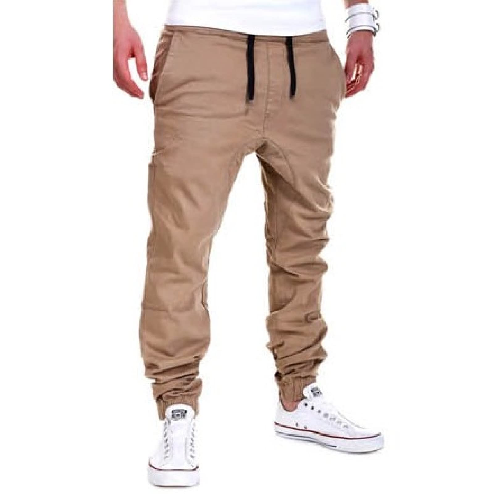 Mens Casual Pants Workout Cargo Jogger Outdoor Athletic Sport Hiking Trousers Elastic Sweatpants Khaki