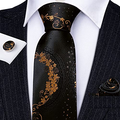Image of Barry.Wang Flower Ties for Men Handkerchief Cufflinks Set Wedding Necktie Set Party