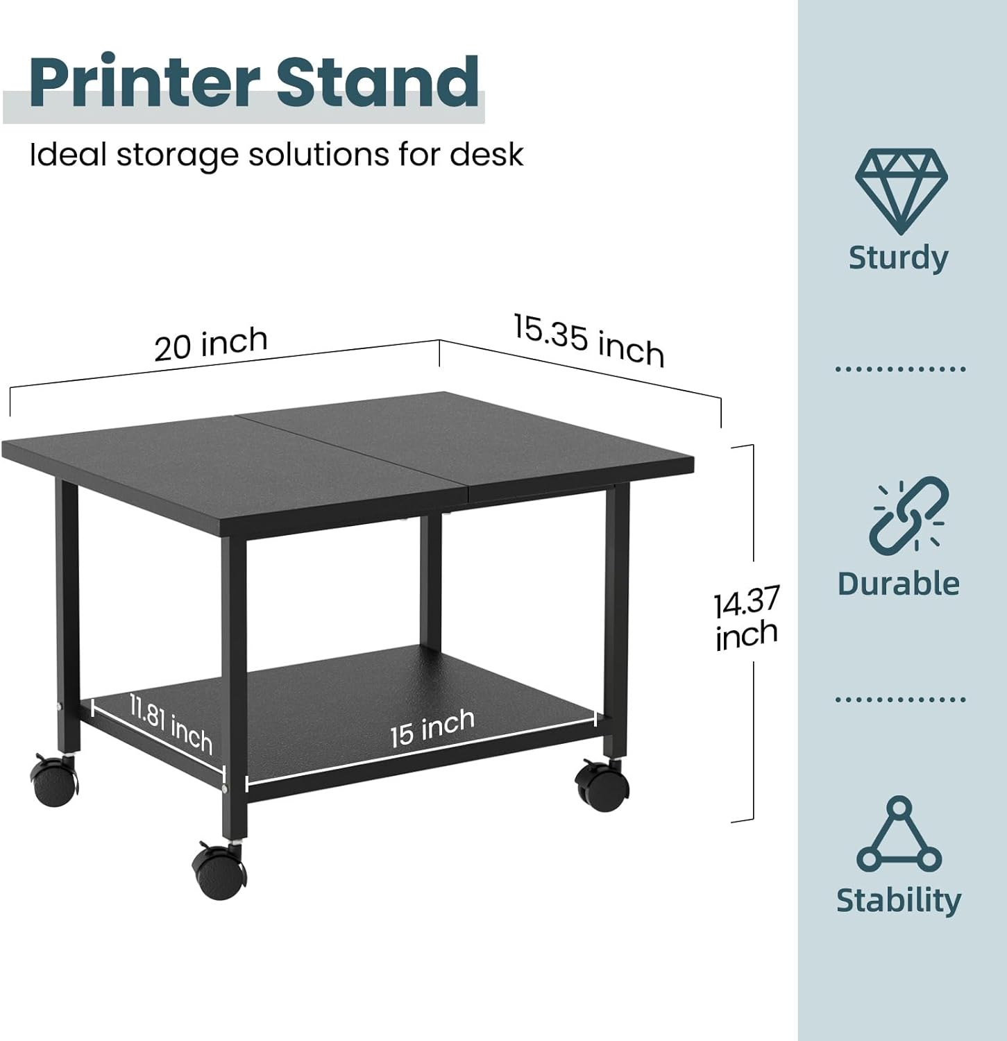 SwaaVee Printer Stand with Storage Under Desk Shelf, Desktop Printer Stand Organizer, Rolling Printer Cart Storage Paper Files Holder for Desk, Office, Home, (Black)