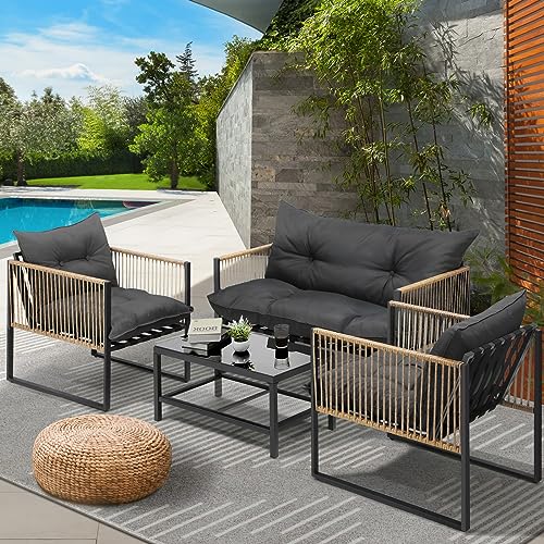 Livsip 4PCS Outdoor Furniture with Cushion Outdoor Garden Patio Setting Table and Chairs