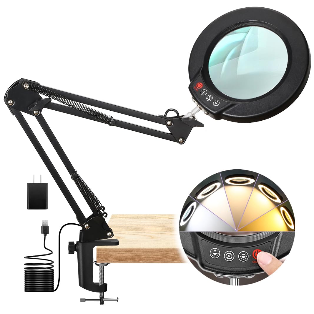 10X Magnifying Glass with Light and Clamp, Real Glass Lens Lighted Magnifier with Stand, 5 Color Modes LED Dimmable Magnifying Desk Lamp Hands Free for Crafts Jewelry Painting Sewing Close Work