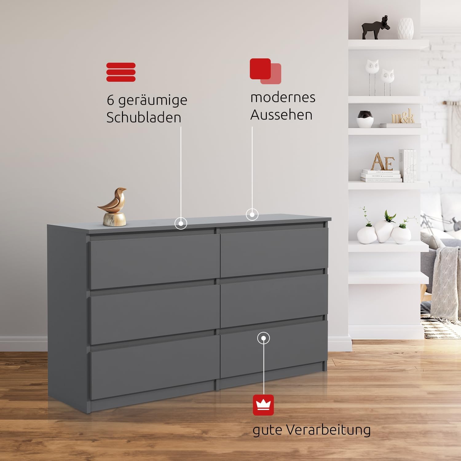 meble masztalerz Commode Chambre avec 6 Tiroirs - Meuble de Rangement pour Salon et Entrée Couloir - Spacieuse et Design - Anthracite - 100x39x78,5cm