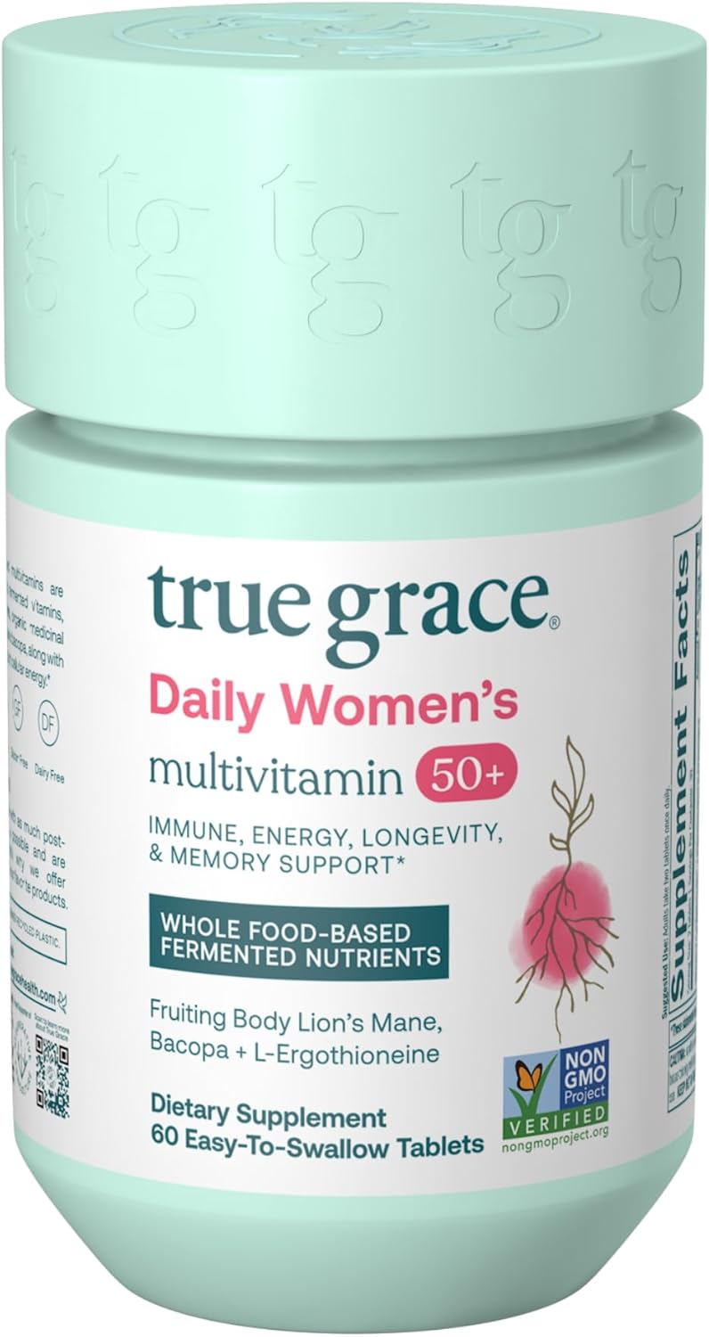 True Grace Daily Women’s Multivitamin 50+ – 60 Easy-to-Swallow Tablets – Immune, Energy, Longevity & Memory Support – Gluten Free, Soy Free, Iron Free, Vegan – 30 Servings