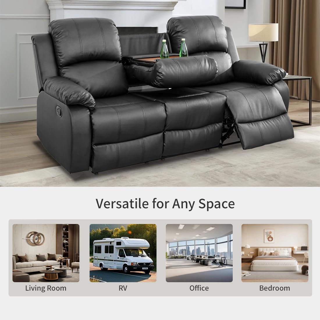 Toseslo Living Room Furniture Set, Manual Reclining Sofa Set,Black Leather Recliner Couch Sets with Drop-Down Table, Recliner Sofa with Storage Console/Cup Holder for Living Room/Apartment view 6