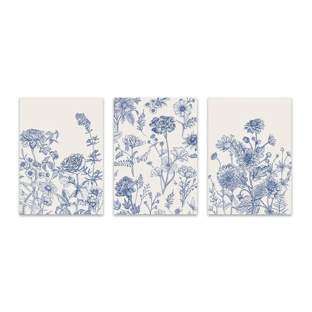 SOBMQ Pictures-Blue Minimalist Rose Daisy Flower Wall Canvas Painting Abstract Poster Print Art Picture For Living Room Bedroom Home Decoration-40 * 60cm-3PCS (No Frame)