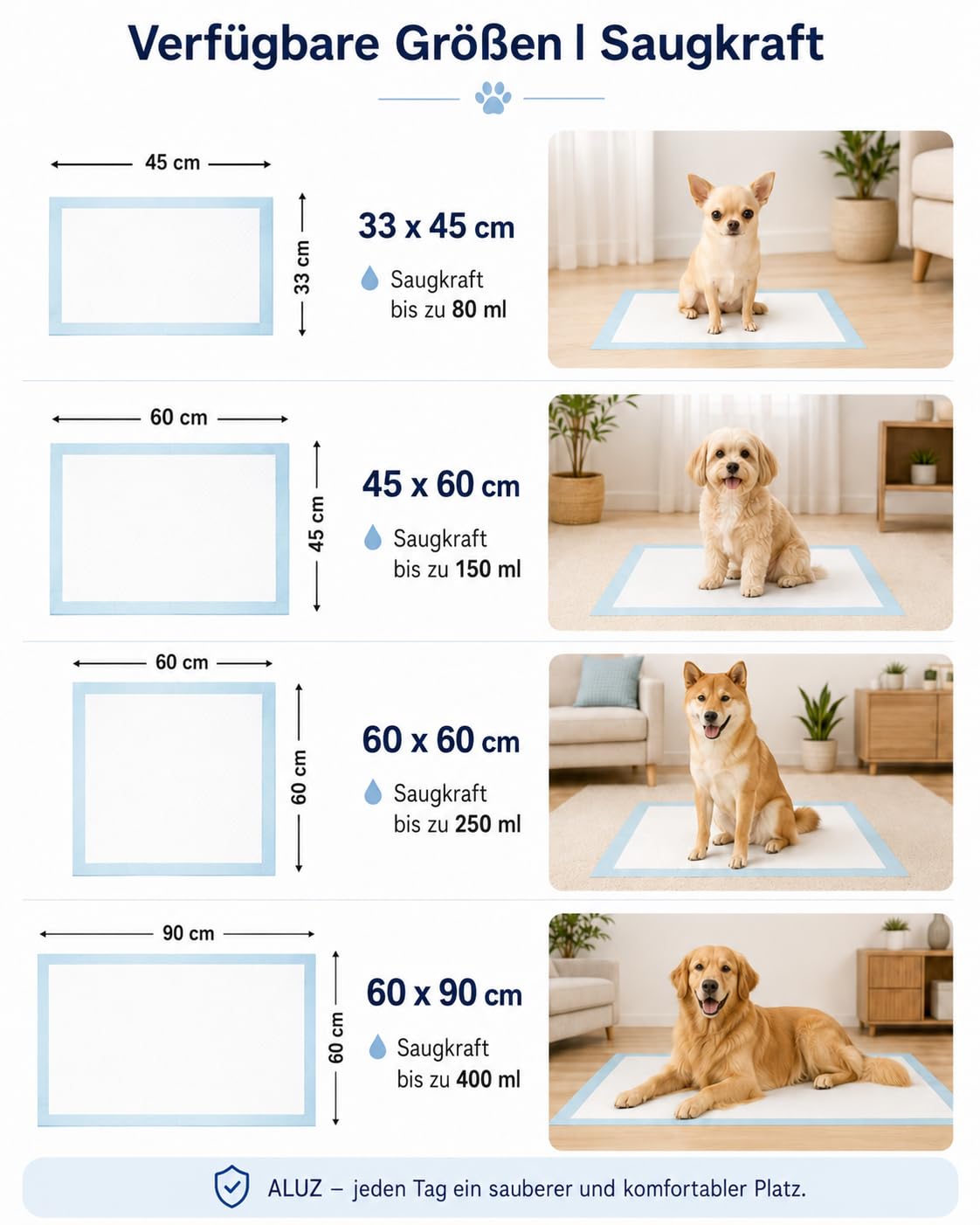 ALUZ Podkłady dla Psa 50 Sztuk 60x90 cm Maty Treningowe | 400 ml Chłonne podkłady, Szybkoschnące i Nieprzemakalne, Neutralizują zapachy, Nauka sikania i Dla Starszych Psów