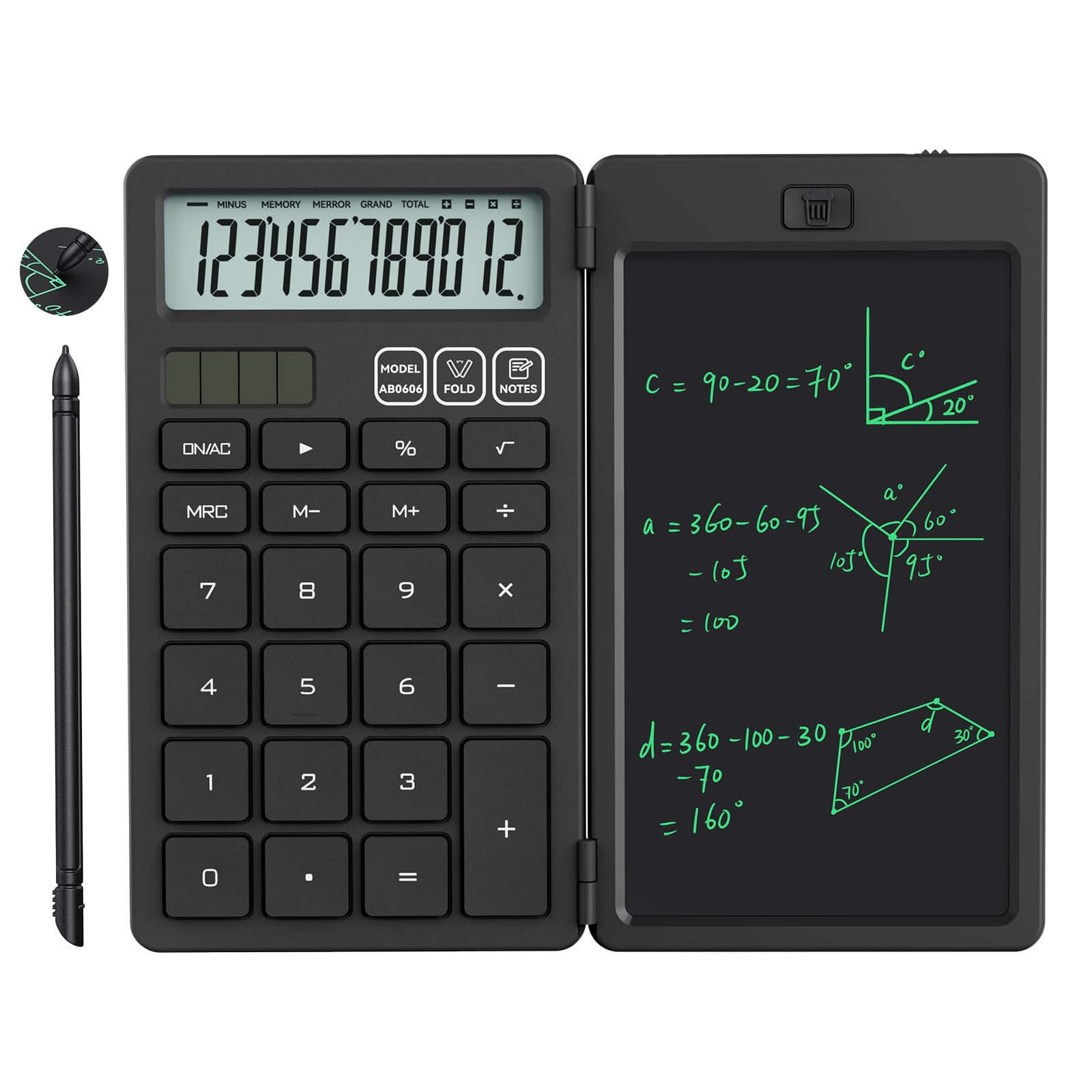 NEWYES Calculatrice avec Tablette d'Écriture, Portable pour Élèves Primaire et Collège, Noir