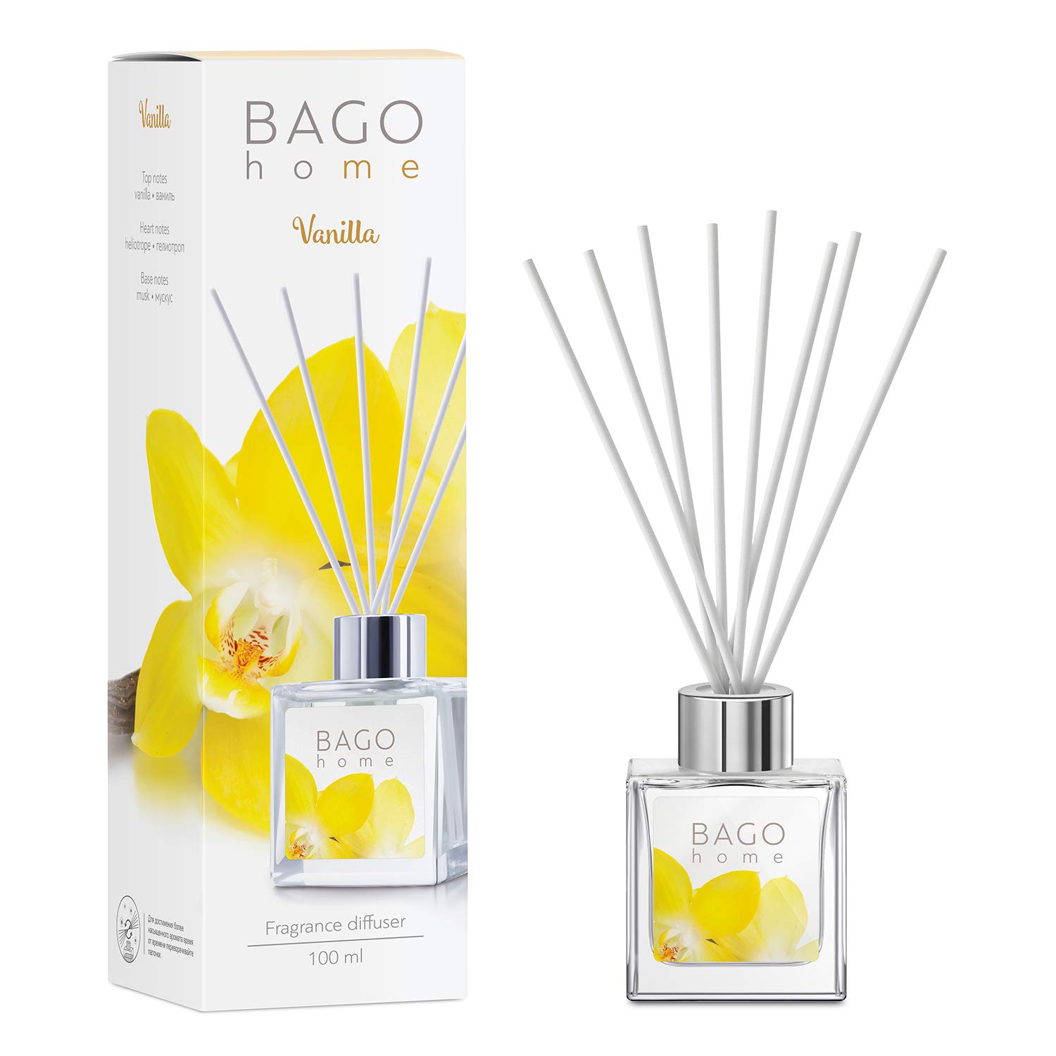 BAGO home Reed Diffuser Set - Vanilla | Vanilla, Heliotrope & Musk | 100 ml 3.4 oz | Home Fragrance, Oil Diffuser & Reed Diffuser Sticks | Home Decor, Office Decor, Kitchen Decor, Bathroom Decor