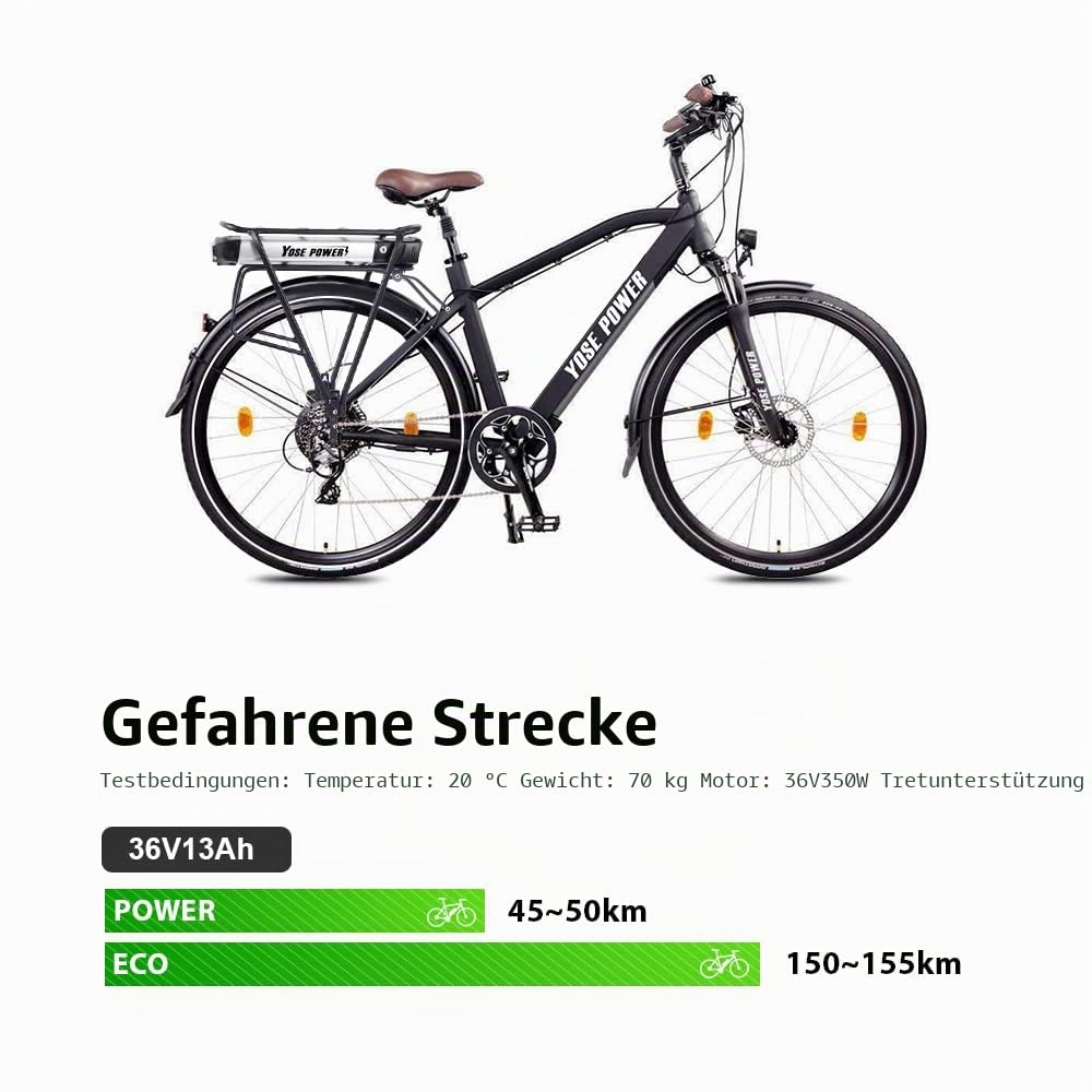 YOSE POWER Pedelec Akku 36V E-Bike Batterie 250W/350W/500W/800W mit Gepäckträger für 26"-28" Scheibenbremse V-Brake Hinterrad Bike Mifa,Aldi,Prophete,Rex